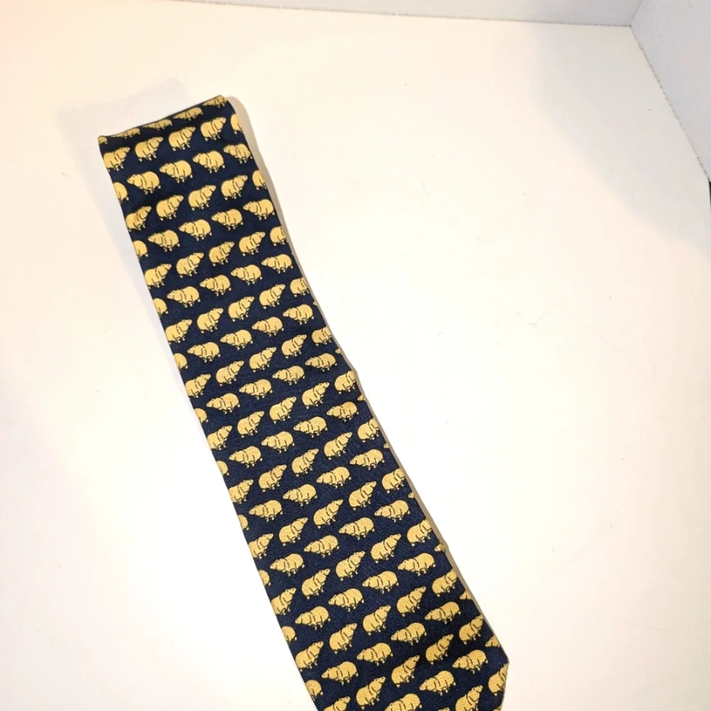 Edgar Pomeroy Navy‎ and Yellow 100% Silk Handmade in England Hippo Motif Tie